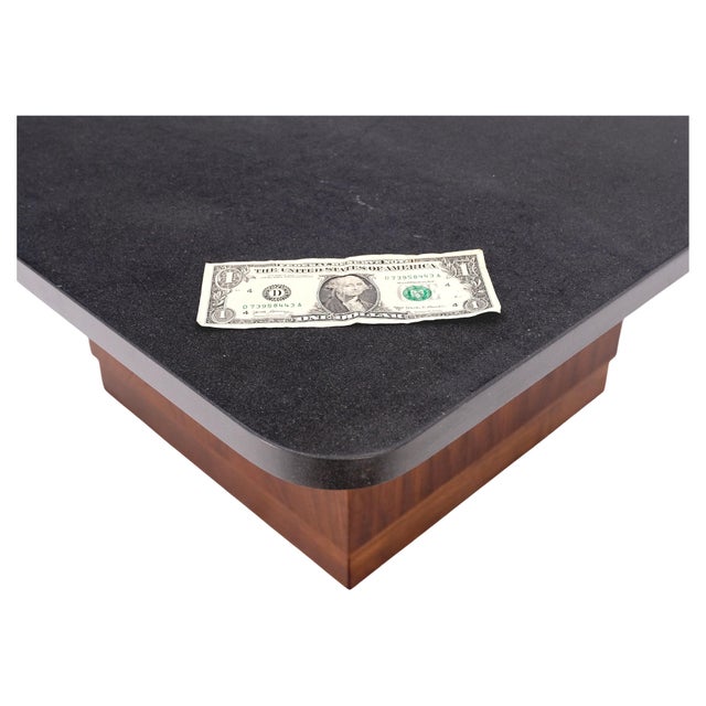 Wood Cube Shape Oiled Walnut Pedestal Base Square Slate Too Coffee Center Table For Sale - Image 7 of 11