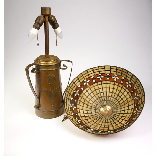 Arts and Crafts Copper and Brass Vase Table Lamp With Leaded Glass Shade, Attributed Stickley Brothers, Circa 1903 For Sale In Portland, OR - Image 6 of 9