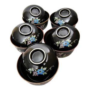 Authentic Cha-Kaiseki Lidded Japanese Soup or Rice Bowls- Set of 5
