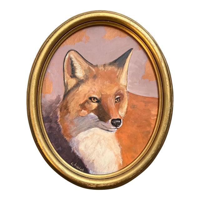 Contemporary Original Stephen Heigh “Young Fox”Painting Oval Vintage Frame For Sale