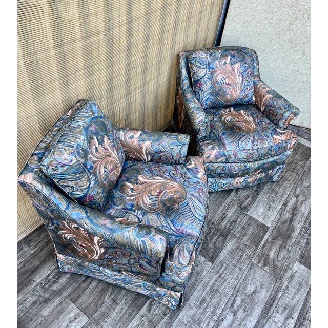Hollywood Regency A Pair of Vintage Mid Century / Hollywood Regency Upholstered Lounge Chairs. Circa 1970s For Sale - Image 3 of 18