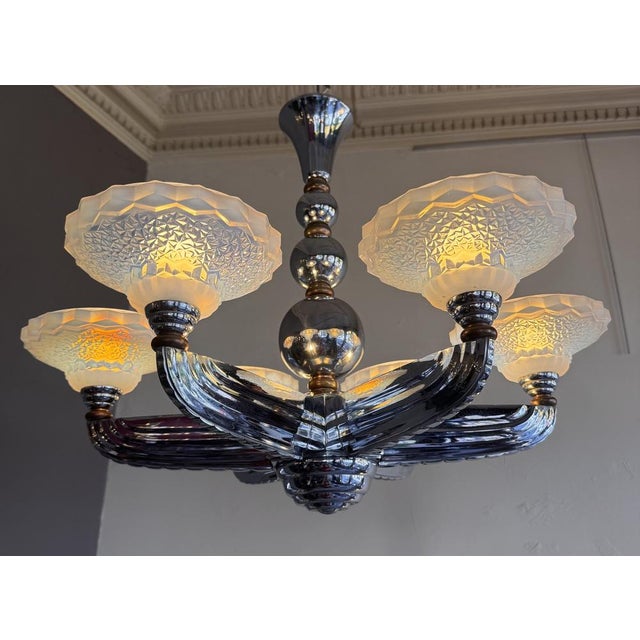 Art Deco Opalescent Glass and Nickel-Plated Bronze Chandelier by Jean Gauthier for Petitot & Ezan, France, 1935 For Sale - Image 6 of 18