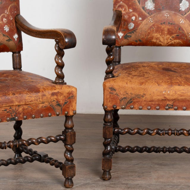 Pair of 19th Century Painted and Embossed Leather Armchairs For Sale - Image 10 of 13