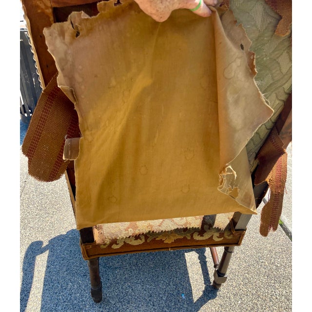Victorian Late 19th Century Victorian Carved Wood Distressed Needlepoint Armchair Tall Back Throne Chair For Sale - Image 3 of 12