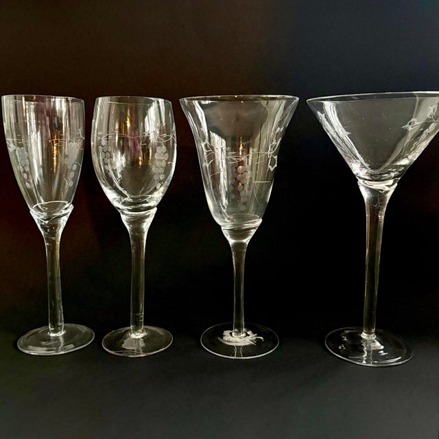 Vintage Handmade Etched Grapevine Tulip-Stem Wine Glasses – Set of 5 For Sale - Image 11 of 11