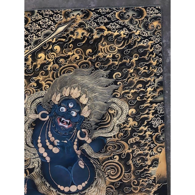 Mid 20th Century Xizang Embroidery and Brocade Thangka Buddha Painting - Wrathful Deity Protector Wall Art - Hand Painted Buddhist Sacred Scroll Mid 20th Century For Sale - Image 5 of 6