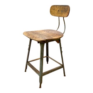 Antique Industrial Metal Stool With Wood Seat and Backrest For Sale