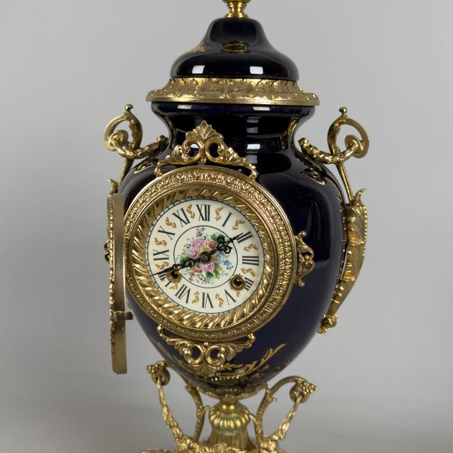 Antique French Table Clock in Blue Porcelain and Brass from Limoges For Sale - Image 6 of 14