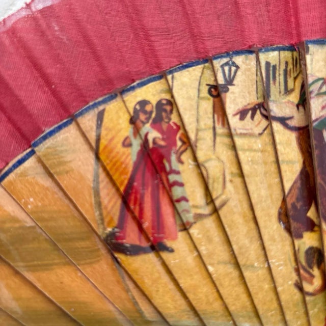 Antique Wooden Hand Painted Fan With Linen Transfer. Spanish Flamenco Dancers. Very Old For Sale In Los Angeles - Image 6 of 12