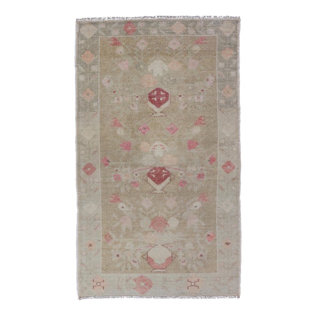 Vintage Turkish Oushak in Colorful Floral Designs Set on Sand-Green Field 2'8" X 4'9" For Sale