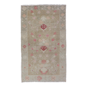 Vintage Turkish Oushak in Colorful Floral Designs Set on Sand-Green Field 2'8" X 4'9"