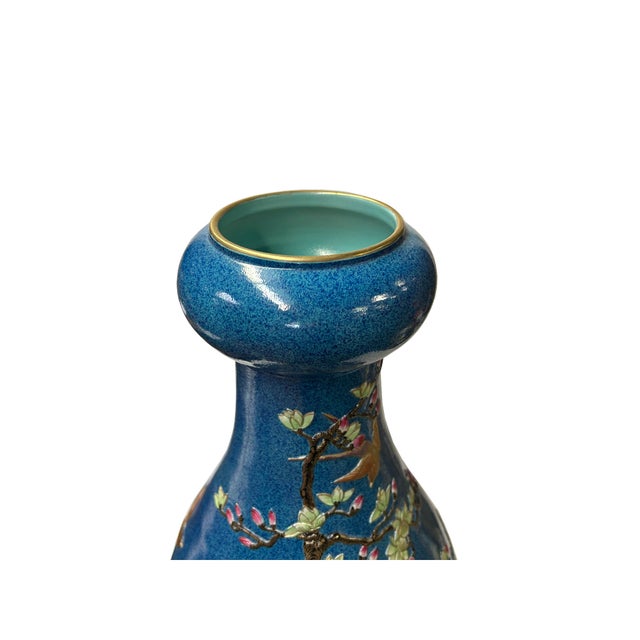 Oriental Bright Blue Glaze Color Flower Bird Ceramic Art Vase For Sale - Image 4 of 7