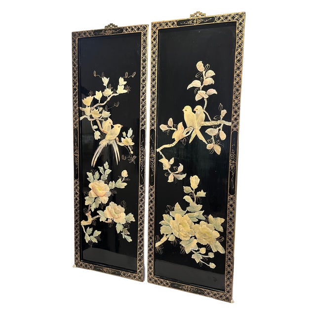 Chinese Pair of Large Vintage Chinese Black Lacquer Mother-of-Pearl Bird & Floral Wall Panels For Sale - Image 3 of 4