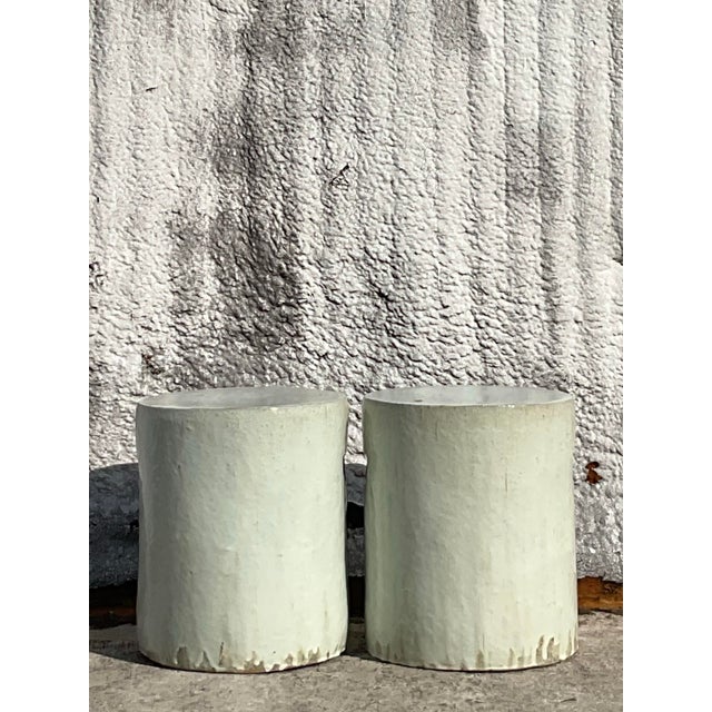 Vintage Boho Glazed Ceramic Low Stools - a Pair For Sale - Image 9 of 10
