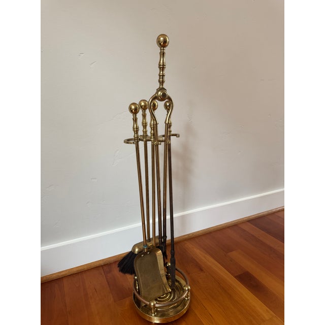 Early 20th Century, Howes-Marked Brass Fireplace Tool Set and Stand With Cannonball Andirons, Made in Usa For Sale - Image 10 of 13