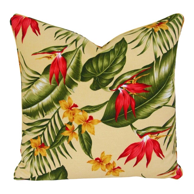 Custom Tropical Floral Barkcloth Feather/Down Pillow Cover 20" Square For Sale