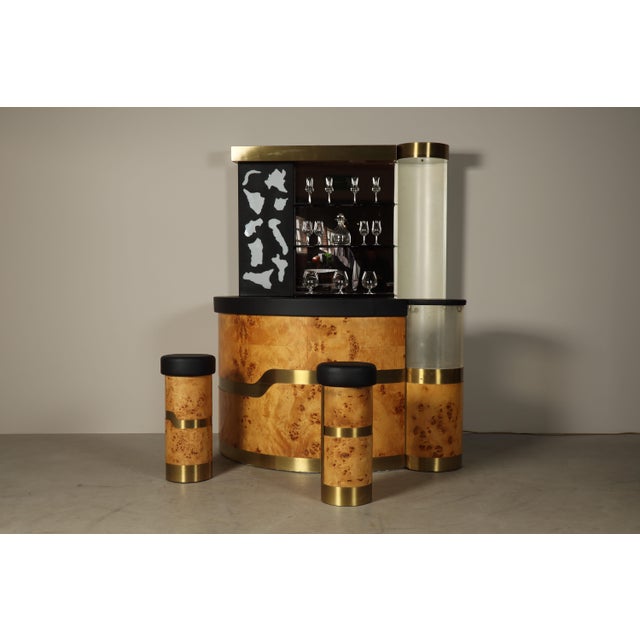 Metal Italian Burl Wood Cocktail Bar with Illuminated Back and Stools, 1970s, Set of 3 For Sale - Image 7 of 18