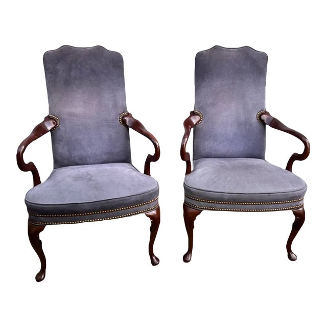 Late 20th Century Pair Hancock & Moore Mahogany Gray & Purple Suede Leather Armchairs For Sale