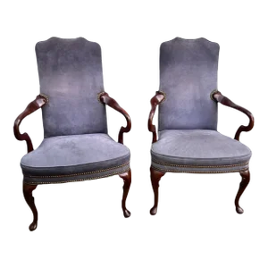 Late 20th Century Pair Hancock & Moore Mahogany Gray & Purple Suede Leather Armchairs