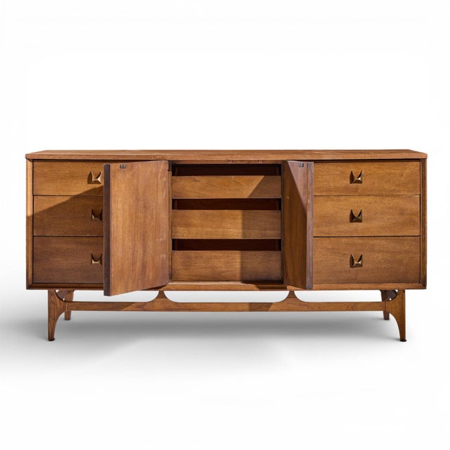 Broyhill Brasilia Mid Century Walnut and Brass Lowboy Dresser For Sale In Chicago - Image 6 of 10