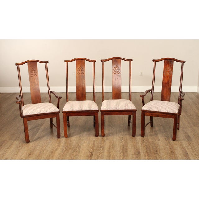 High Quality Asian Chinoiserie Influenced Set of4 Solid Wood Dining Chairs with Custom Upholstered Seats, by Bernhardt...