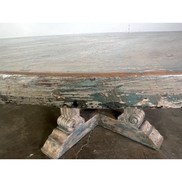 Light Gray Monumental Round Dining Table, Distressed Neoclassical Style For Sale - Image 8 of 18