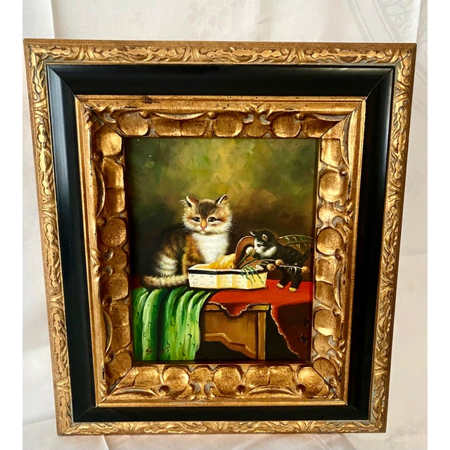 Mid 20th Century Oil on Board Painting of Playful Kittens - Signed 'Scott' (After Jules Leroy) in Ornate Gold Toned With Black Accent Frame. For Sale - Image 10 of 18