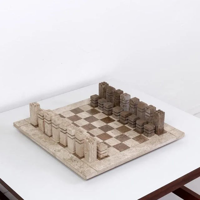 Modernist Chess Game in Two Colored Travertine, Italy, 1970s For Sale - Image 6 of 13
