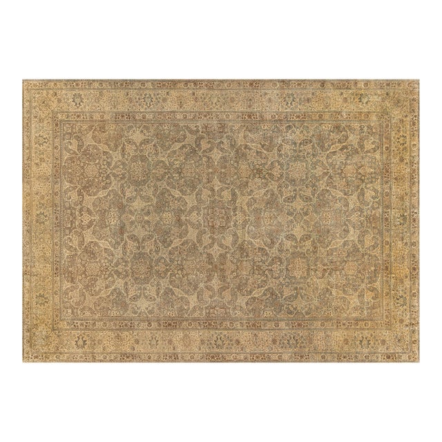 Authentic 19th Century Persian Tabriz Green, Brown Botanic Carpet For Sale