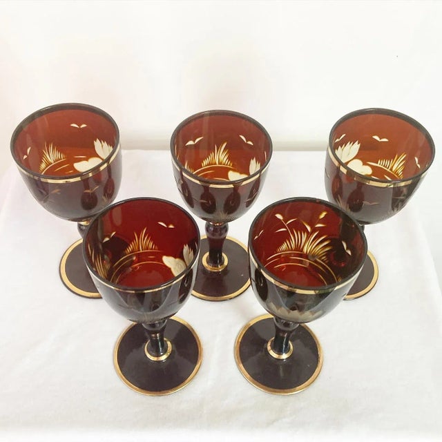 Glass Vintage Bohemian Etched Amber Glass Decanter With Glasses- 6 Pieces For Sale - Image 7 of 8