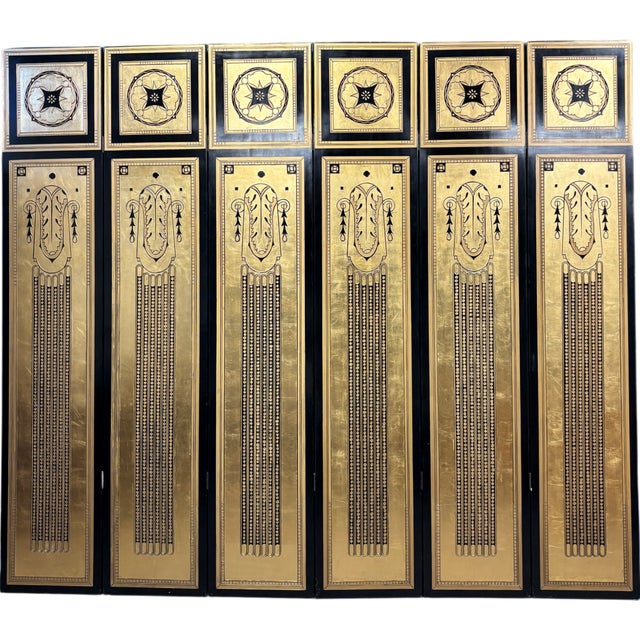 Art Deco Striking Six-Panel Art Deco Carved Black Lacquer and Gilt Screen For Sale - Image 3 of 16