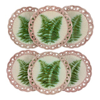 Sarreguemines Green Fern Pink Reticulated Rim French Faïence Majolica Plates S/6 For Sale