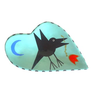 Handcrafted Artisan Aqua Blue Black Bird Hand Painted Studio Art Pottery Decorative Plate Dish For Sale