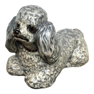 Vintage 1970s Life Size Poodle Ceramic Statue With Ruby Collar For Sale
