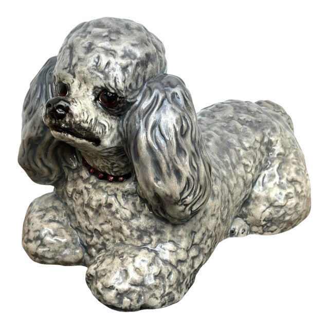 Vintage 1970s Life Size Poodle Ceramic Statue With Ruby Collar For Sale