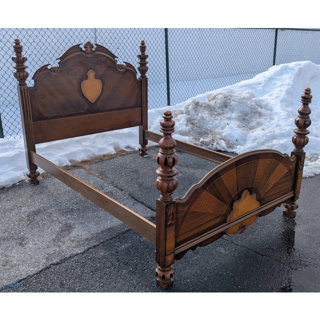 1990s Hand Carved Victorian Mansion Oak Bedframe | Full Size Solid Wood Bed Frame | Ornate Victorian Revival Traditional Furniture For Sale - Image 4 of 10