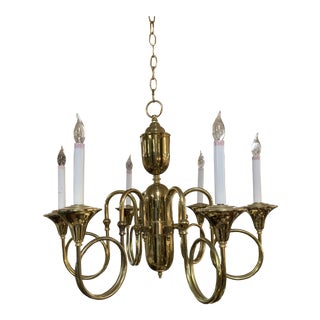 1940s Brass Trumpet Shaped Six Arm Chandelier For Sale