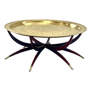 Mid-Century Chinoiserie 45 Inch Hand-Etched Brass Tray Coffee Table on Teak Spider Base. For Sale