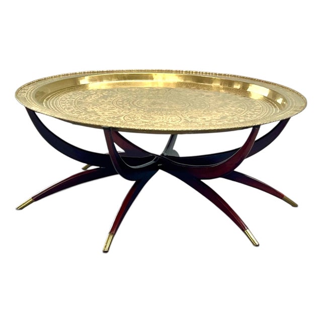 Mid-Century Chinoiserie 45 Inch Hand-Etched Brass Tray Coffee Table on Teak Spider Base. For Sale