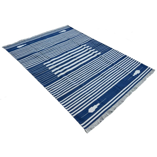 Blue Handmade Denim Blue and White Cotton Vegetable Dyed Striped Rug - 6'x9' For Sale - Image 8 of 11
