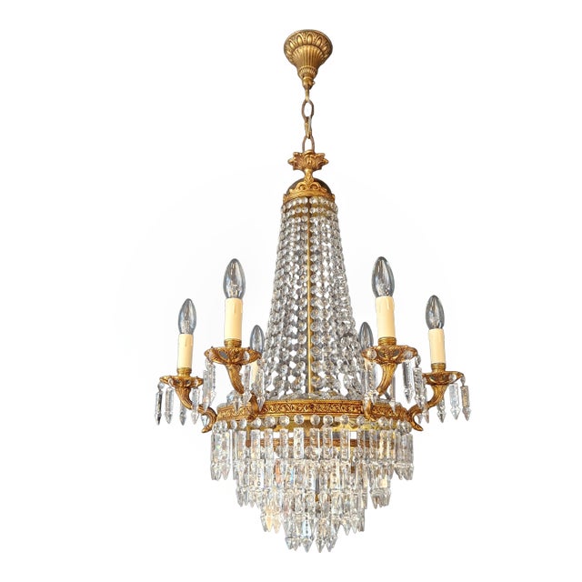 Antique Italian Baroque Style Crystal Chandelier Brass Basket Form Restored For Sale