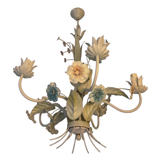 Spanish Floral Chandelier in Hand-Paint Tole Metal, 1970s For Sale