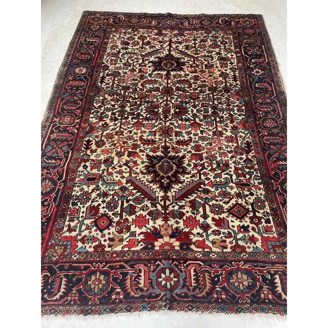 1940s Jungle Heriz with Duel-Finials Eggshell with Garden of Colors Rug 7.2 x 10.4 For Sale - Image 4 of 13