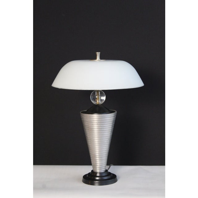 Aer Deco Max Schumacher style. Sculptural spun aluminum etched and enameled base mounted crystal spere. Shade is made from...