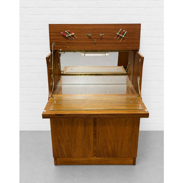 1960s Mid Century Modern Teak Bar Cabinet | Mirrored Home Bar With Drop-Down Serving Surface, C. 1960’s For Sale - Image 5 of 14