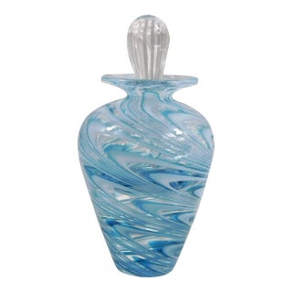 Blue and White Signed Art Glass Perfume Bottle For Sale