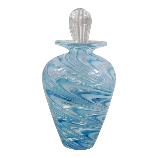 Blue and White Signed Art Glass Perfume Bottle For Sale