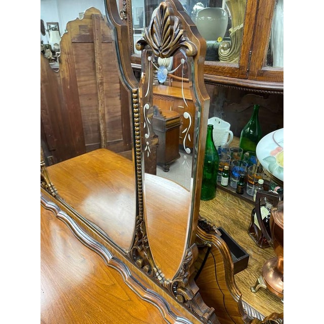 Antique 1930's Bedroom Mirrored Dresser, Hand Carved Walnut, Burl Inlay, Beveled Glass, 5 Drawers For Sale - Image 10 of 15