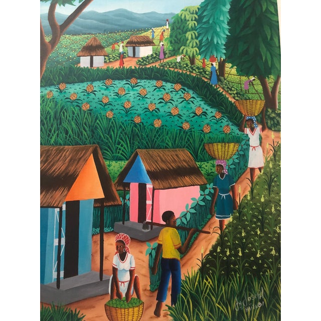 Green Original 1980s Haiti Folk Art Oil Painting For Sale - Image 8 of 13