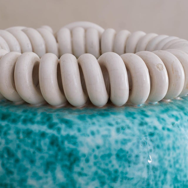 French Turquoise Ceramic Vase with Bow Motif by Gustave Asch, 1940s For Sale - Image 16 of 18